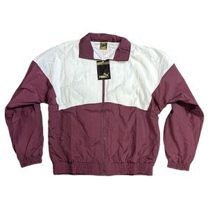 80s D/S PUMA men's burgundy + white cotton lined boxy nylon windbreaker, L.